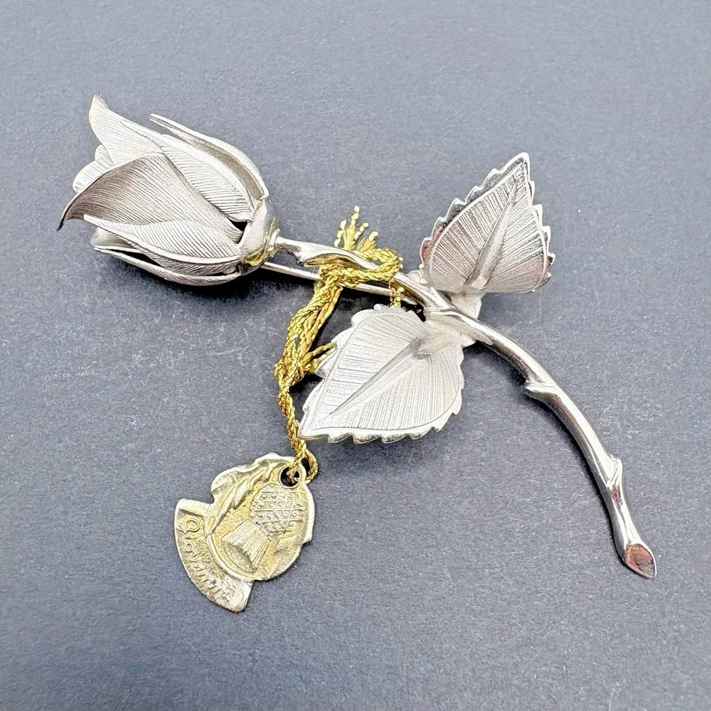 Vintage Giovanni Christmas Rose Brooch Flower 1966 w/ Original Tag Silver Tone